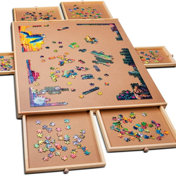 PLAYVIBE Planche de Casse-Tête de 1500 Pcs avec Tiroirs - Table de Casse-Tête avec 6 Tiroirs 27 Pouces" x 35 Pouces" - Organisateur de Casse-Tête en Bois - Planche de Casse-Tête Portable
