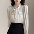thumbnail image 3 of QUNYINEY Dressy Women Blouse Satin Puff Long Sleeve Solid Tops Tie Neck Loose Pullover Business Shirts, 3 of 5