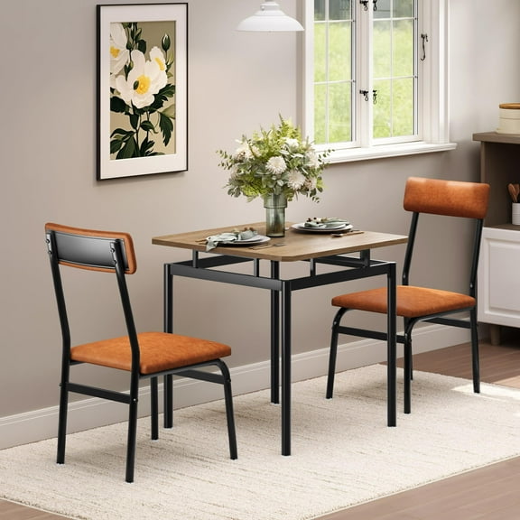 3 Piece Dining Table Set, Wooden Kitchen Table Set with 2 PU Upholstered Chairs, Industrial Metal Frame for Dining Room