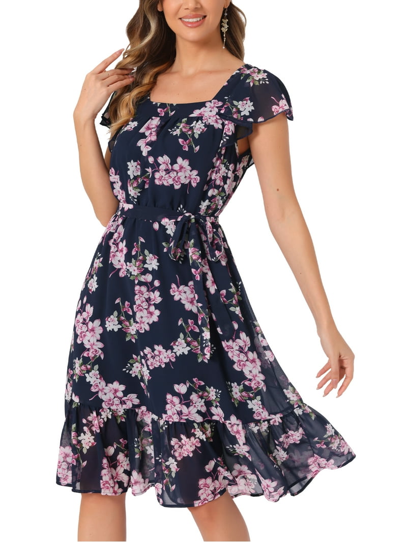 Inspire Chic Women's Floral Print Elastic Waist Square Neck Ruffled Hem Belted Midi Dress Blue Pink L