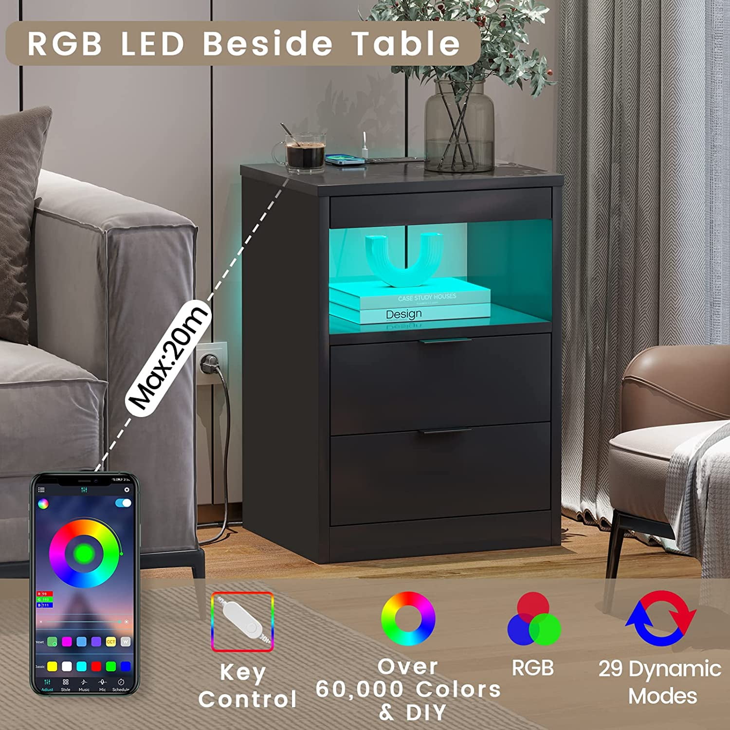 Afuhokles Nightstand with Wireless Charging Station, LED Bedside Table with with 2 Drawers, Black