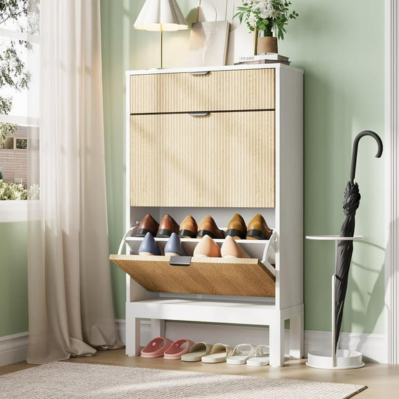 GarveeHome Shoe Storage Cabinet with 2 Flip Drawers, Farmhouse Fluted Shoe Organizer, Narrow Shoe Rack with Metal Legs, Freestanding Slim Shoe Cabinet for Entryway, Hallway, Foyer, Natural
