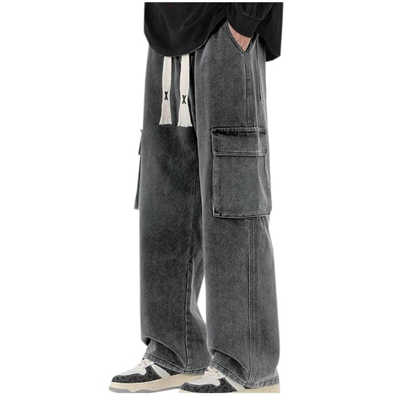 Dvprdro Mens Denim Sweatpants Loose Fit Drawstring Open Bottom Baggy Jean Cotton Cargo Elastic Waist Casual Athletic Sweat Pants with Pockets