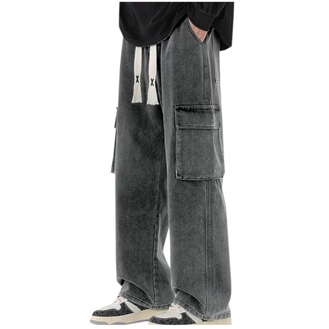 Pantalones largos de moda para hombre, casuales, de color sólido, con cremallera, bolsillos, cuerda elástica, pantalones vaqueros casuales para hombre.