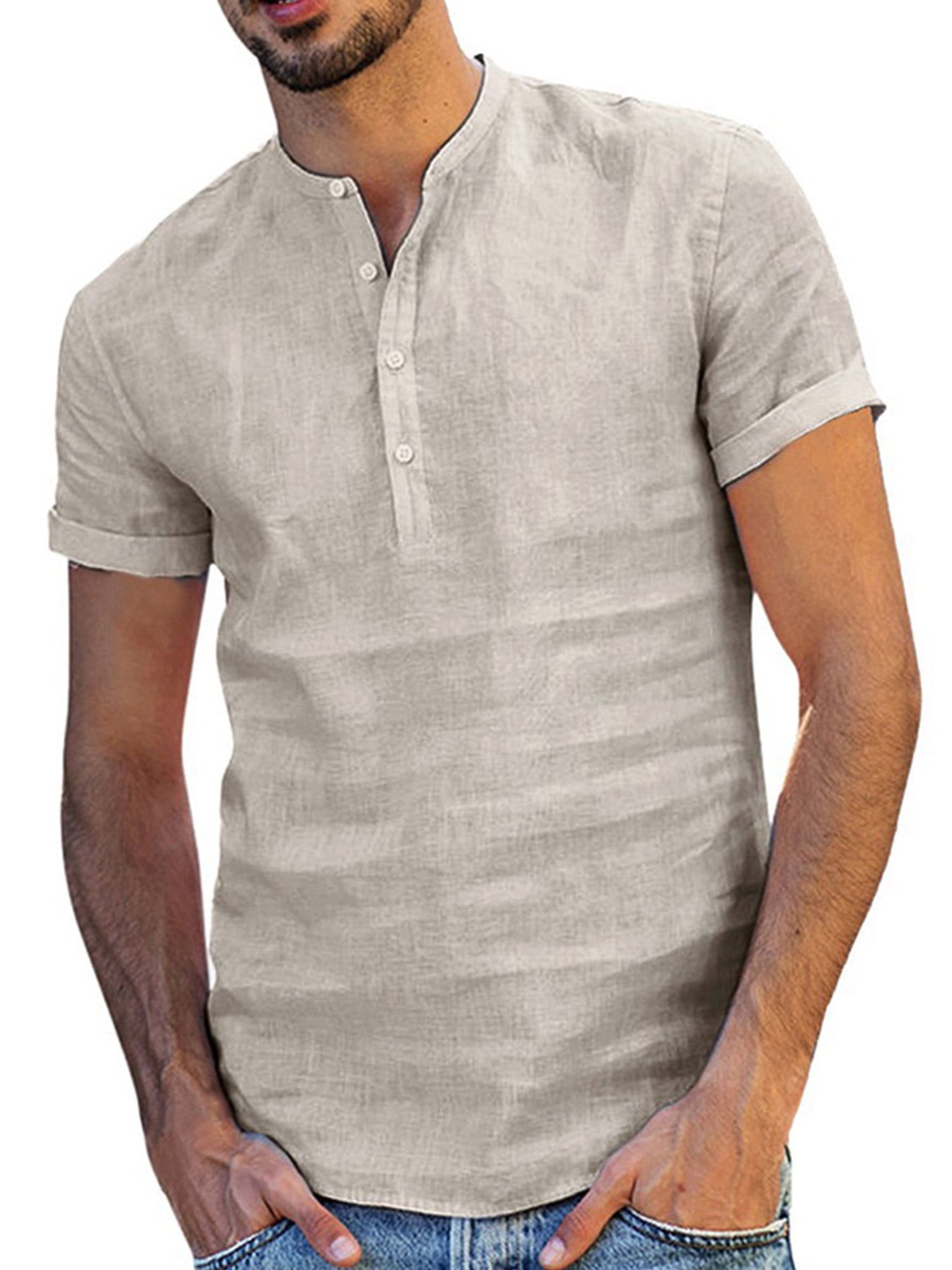 Summer Men's Cotton Linen T-Shirt Short Sleeve Basic Tee Slim Fit Casual Tops