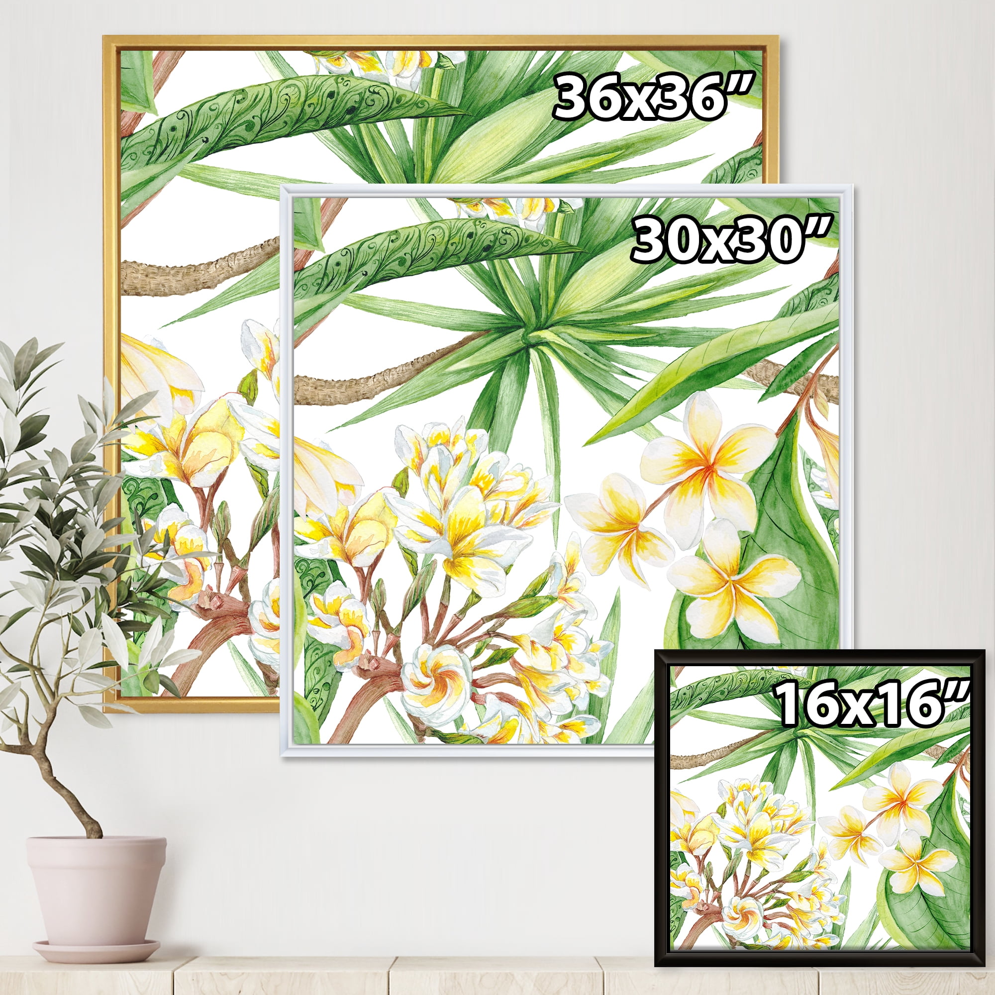 Designart 'Yellow Flowers and Tropical Foliage I' Modern Framed Canvas Wall Art Print
