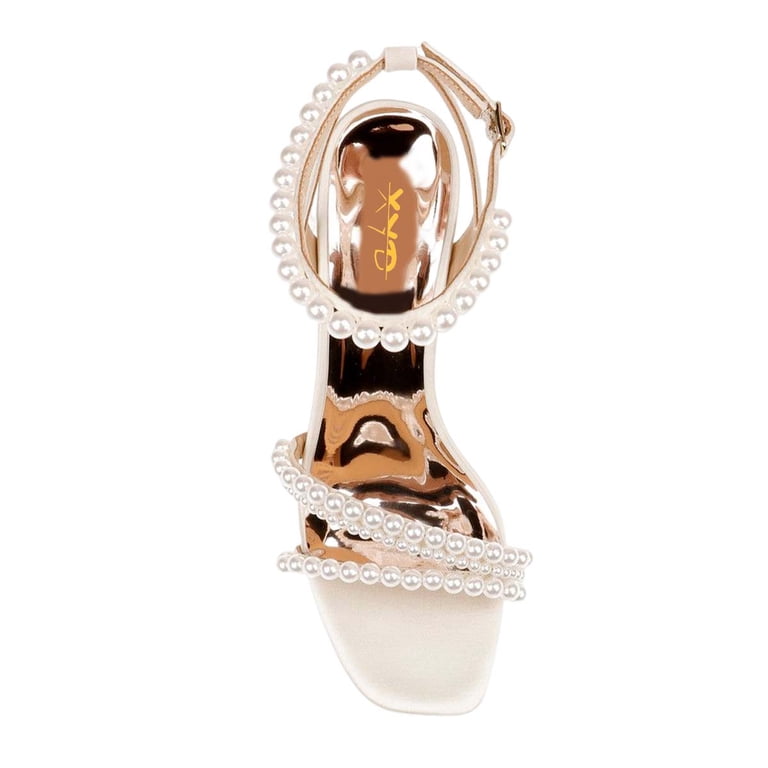 Women's Pearl Wedding Heels - Open Toe Bridal Sandals, Strappy Ankle Strap, 3.5 Inch Heels, Ivory/White 2 thumbnail image