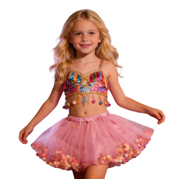 VNKIDY Girls Kids Elastic Waist Fluffy Tulle Tutu Skirt With Multicolored Pom Pom Trim For Holiday Party Wear Pink 1-2 Years