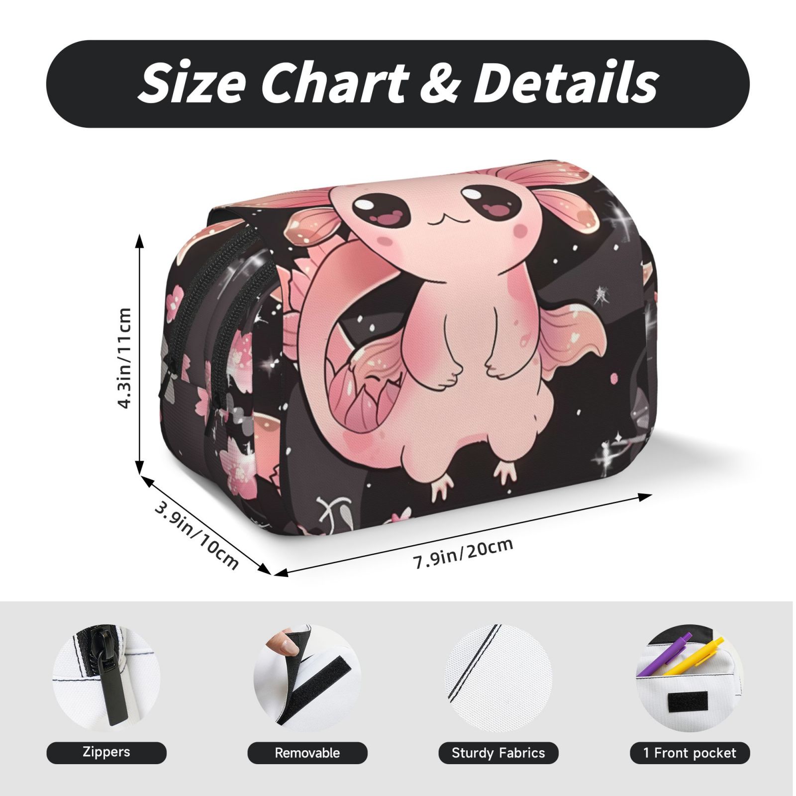 Rateoe Cute Axolotl Sakura Blossoms B Pattern Double Clamshell Pen Case, Storage Organizer with Two Zipper Compartments– Holds Up to 50 Pencils & Pens