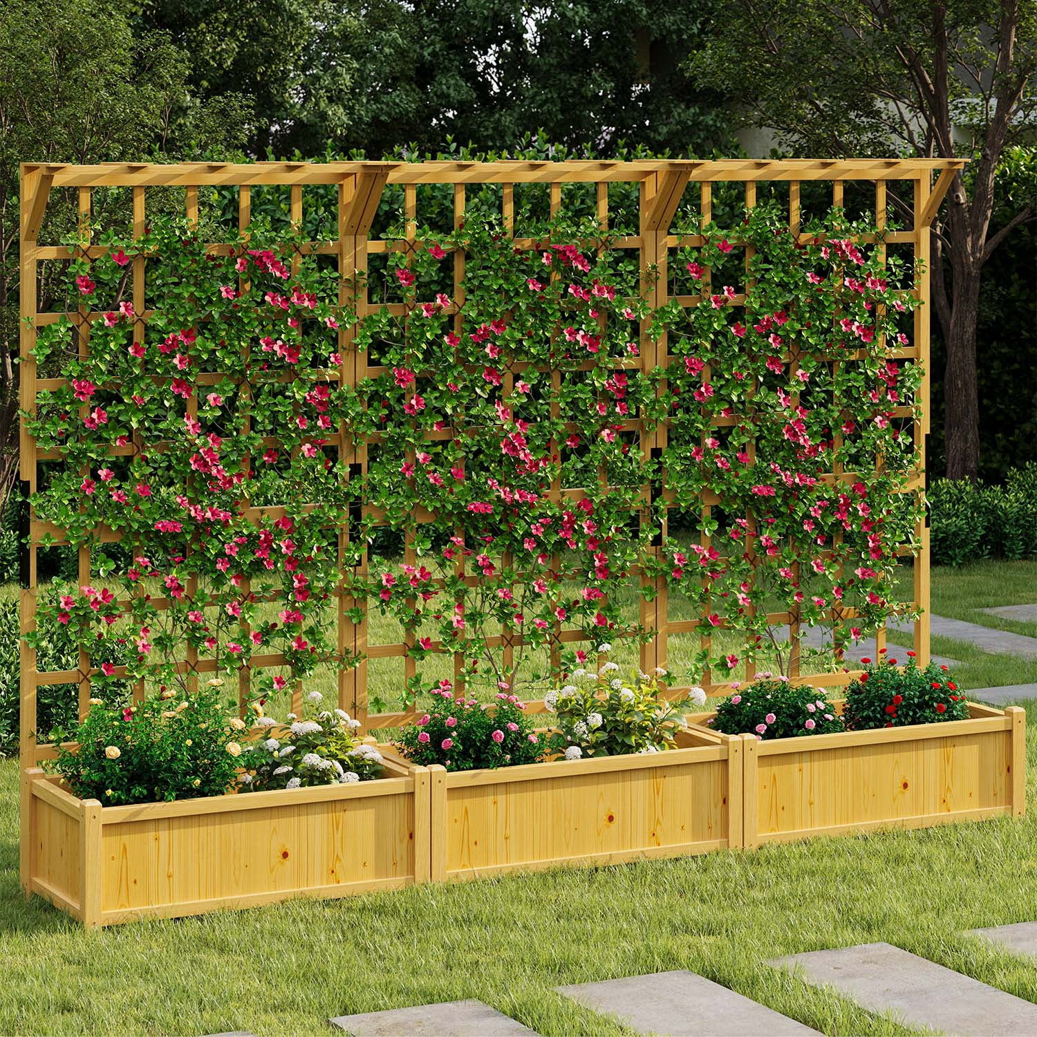 BaPiPro Yellow-Brown Tall Wood Planter Box with Trellis - 36" Raised Garden Bed with Hanging Roof, Outdoor Elevated Planter for Climbing Plants, Flowers - 3-Pack for Patio, Balcony