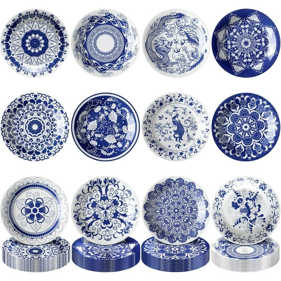 120 Pcs Blue and White Flower Paper Plates Disposable Blue and White Decorative Dinner Plates Chinoiserie Dessert tableware for Wedding Birthday Tea(Square)