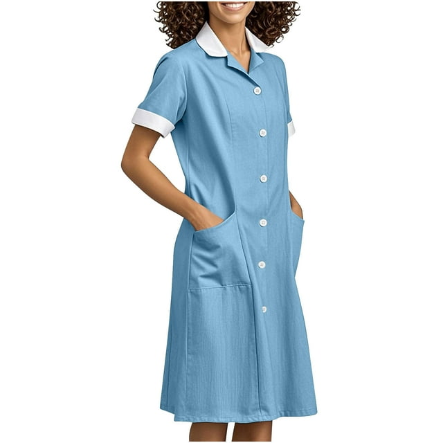 VEKDONE Women's Solid Color With Pockets Button Splicing Lapel Caregiver Sundress Nurse Sundress Work Midi Sundress Light Blue L