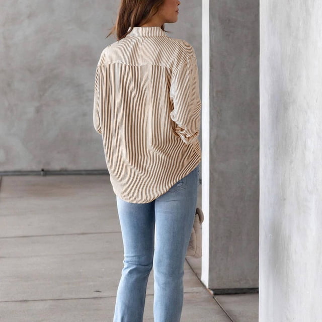 Blusa de Manga Larga Con Botones A Rayas y Cuello de Solapa Para Mujer, Cárdigan Informal de Otoño para Fiesta de Compras en la Oficina