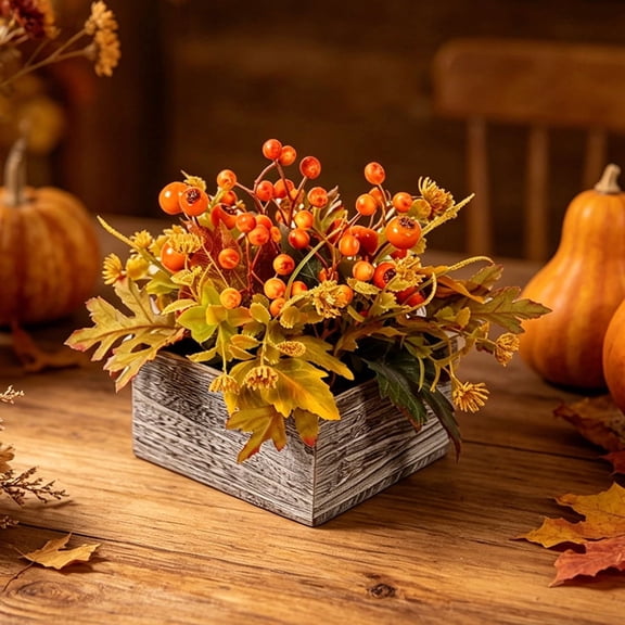 Fall Table Decor, Kitchen Table Decor Centerpiece, Fall Floral Arrangement, Farmhouse Fall Decor, 11X8 Inch Rustic Wooden Potted Arrangement with Faux Red Berries and Maple Leaves