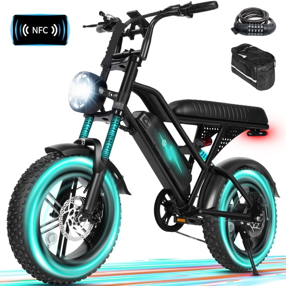 V100 Electric Bike for Teens Adults, 750W Peak 1500W 28 Mph 48V 18 Ah,16"x4.0" Fat Tire E Bicycle, 7-Speed E-Bike with Dual Suspension, Black with Lock & Phonebag
