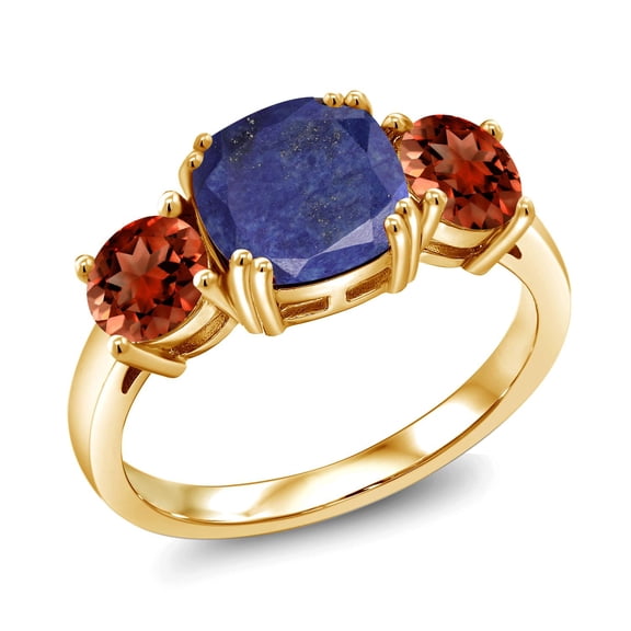 Gem Stone King 18K Yellow Gold Plated Silver Blue Lapis and Red Garnet 3 Stone Engagement Ring for Women (4.00 Cttw, Gemstone, Cushion 8MM, Size 7)