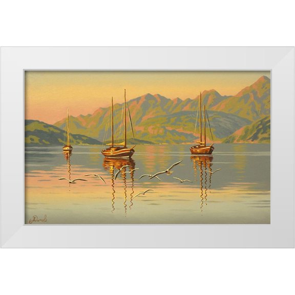 Adamov, Alexey 14x10 White Modern Wood Framed Museum Art Print Titled - Boats with Seagulls