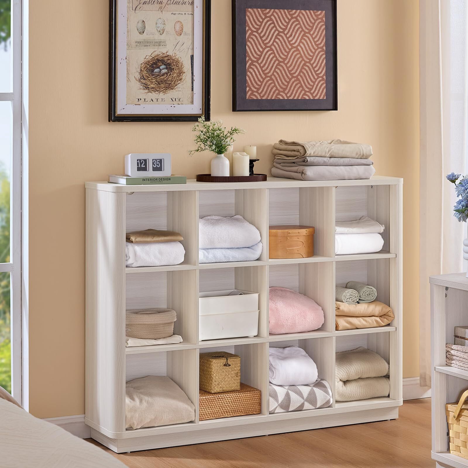 Buildhom 12-Cube 3-Tier Storage Bookcase, 41" Tall Floor Standing Bookshelf with Curved Edge for Living Room, Office, Gray-White