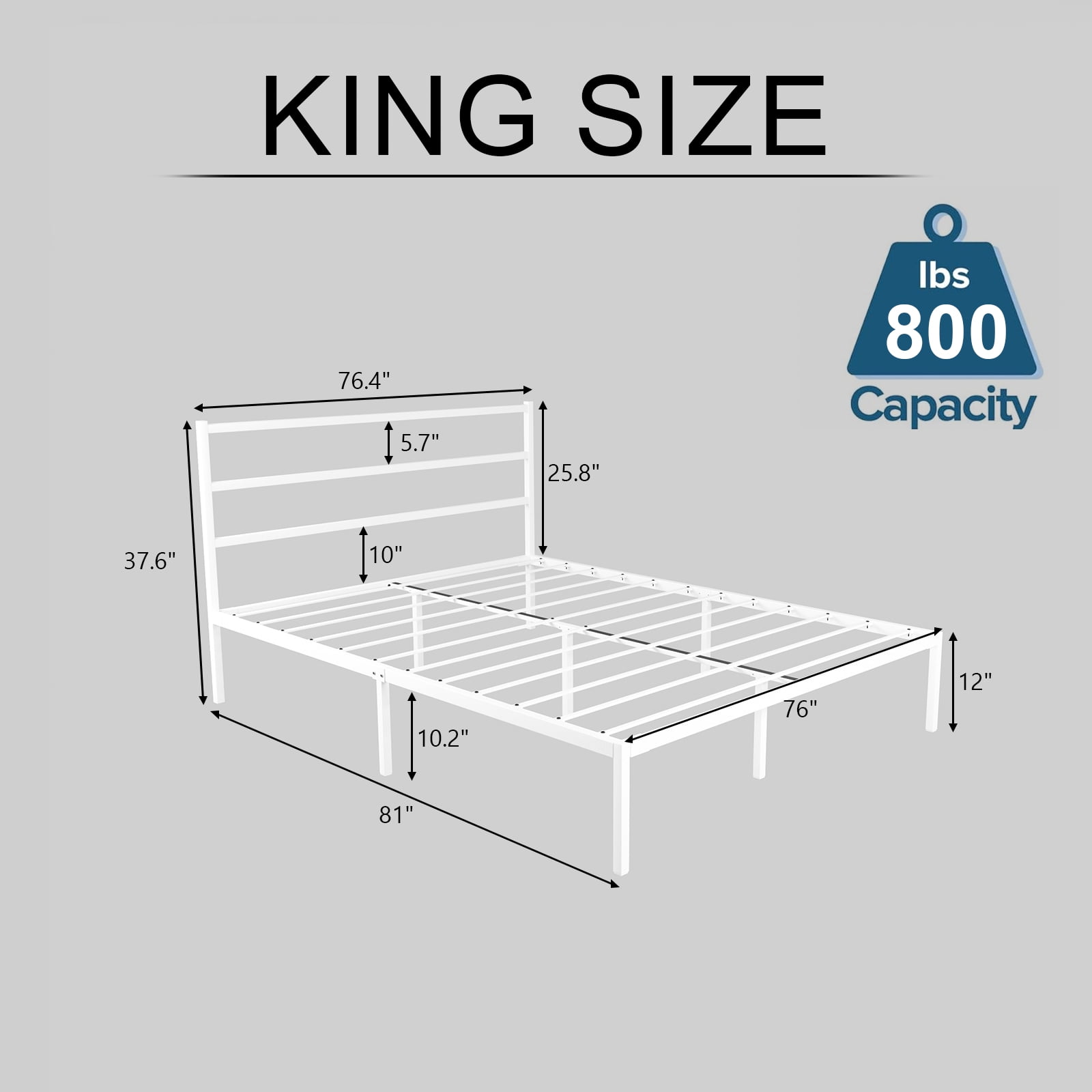 King Size Metal Platform Bed Frame with Headboard, Heavy Duty Steel Slat Support, Under-Bed Storage, No Box Spring Needed, White