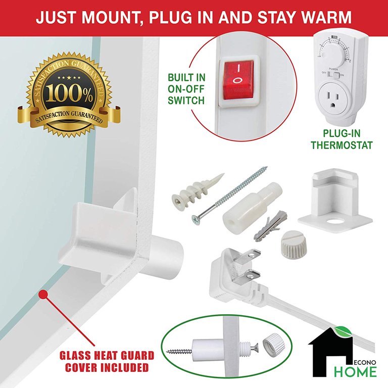 EconoHome Wall Mount Space Heater Panel - with Thermostat and Glass Heat  Guard Cover - 400W Convection Heater - For 120 Sq Ft Room - 120V - Save Up  to 50% of