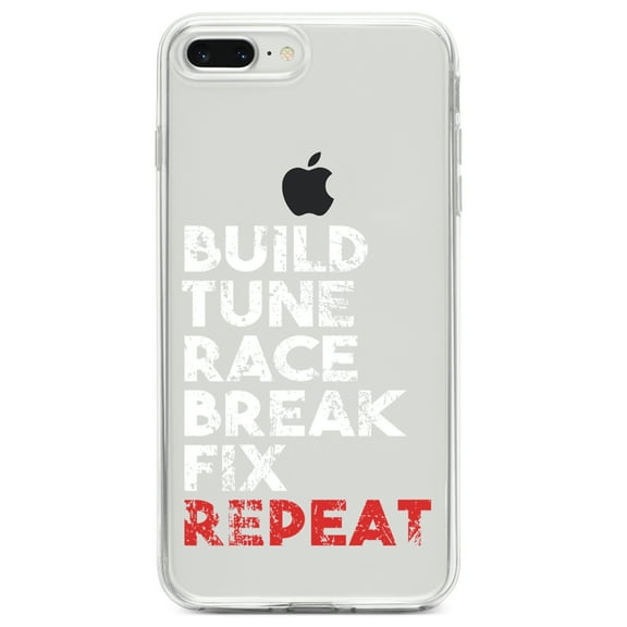 DistinctInk Clear Shockproof Hybrid Case for iPhone 7 PLUS / 8 PLUS (5.5" Screen) TPU Bumper Acrylic Back Tempered Glass Screen Protector - Build Tune Race Break Fix Repeat