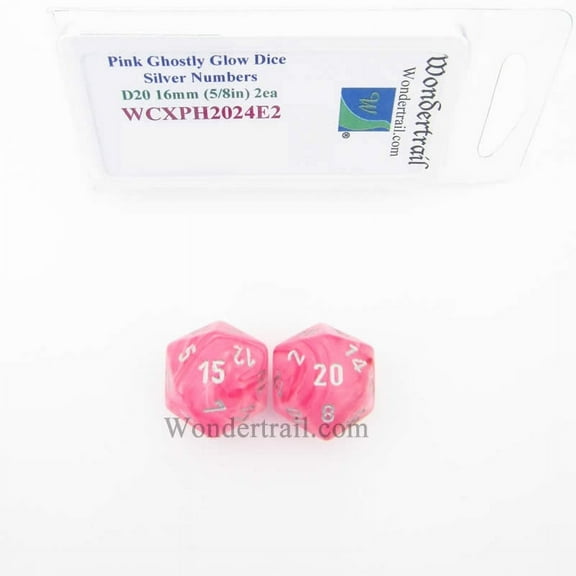 Pink Ghostly Glow Dice with Silver Numbers D20 16mm (5/8in) Pack of 2 Wondertrail
