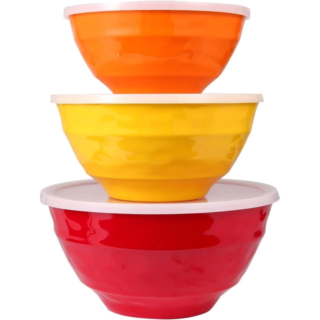 Juego de cuencos para mezclar con tapas, 6 piezas de melamina para mezclar ensaladas, set de 3, tres colores