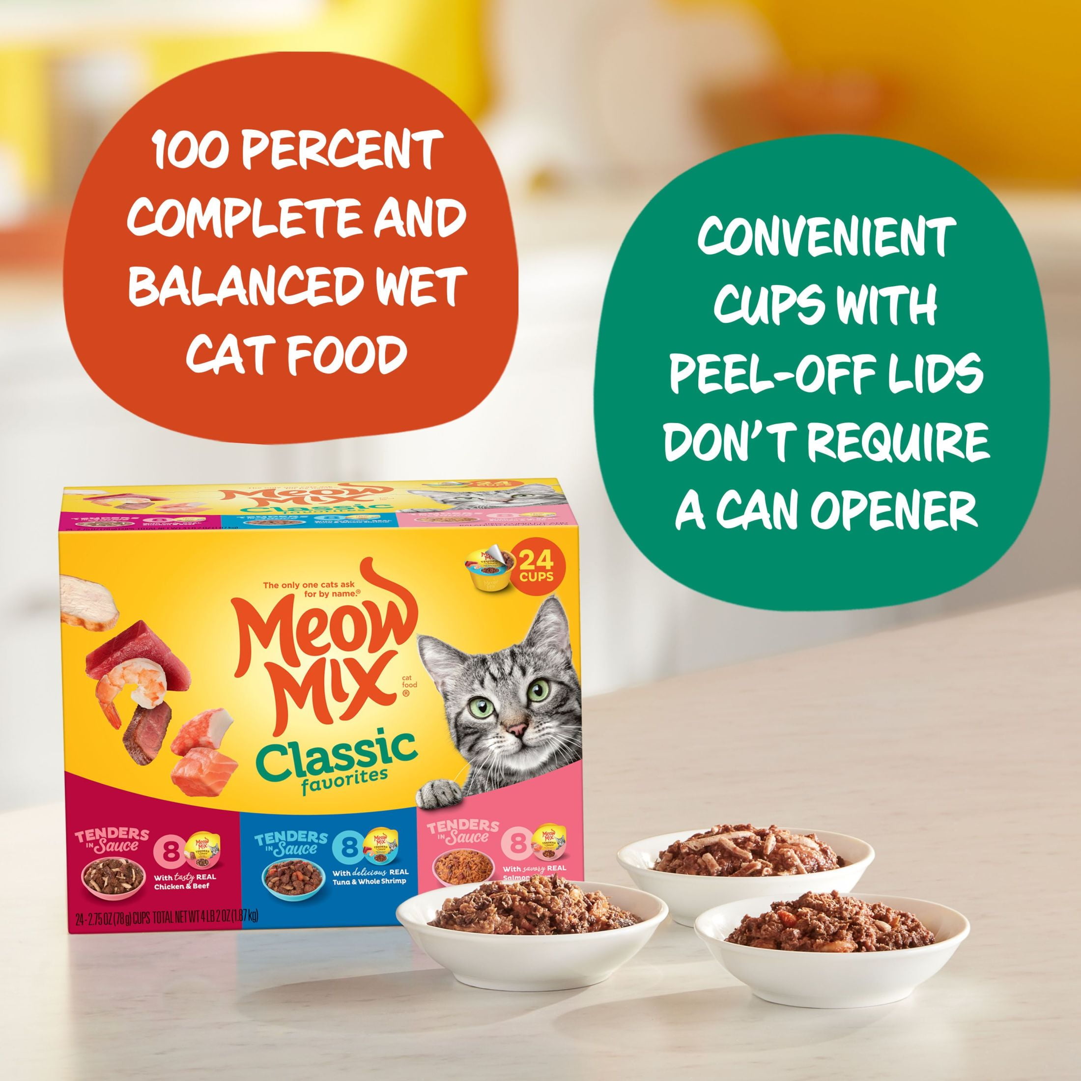 (2 pack) Meow Mix Tenders in Sauce Wet Cat Food Variety Pack, Classic Favorites, 24 Cups, 2.75 oz Each