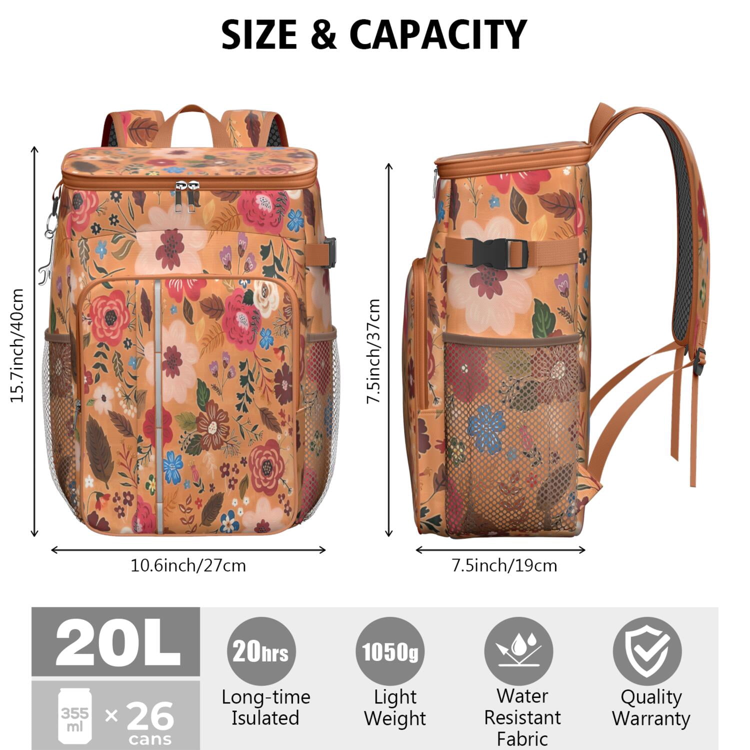 Travel Cooler Bag - Pioneer Flower Floral Print Pattern Camping Beer Cooler Backpack with Bottle Opener- Waterproof Insulated Picnic Backpacks - Cooler Bag for Beach