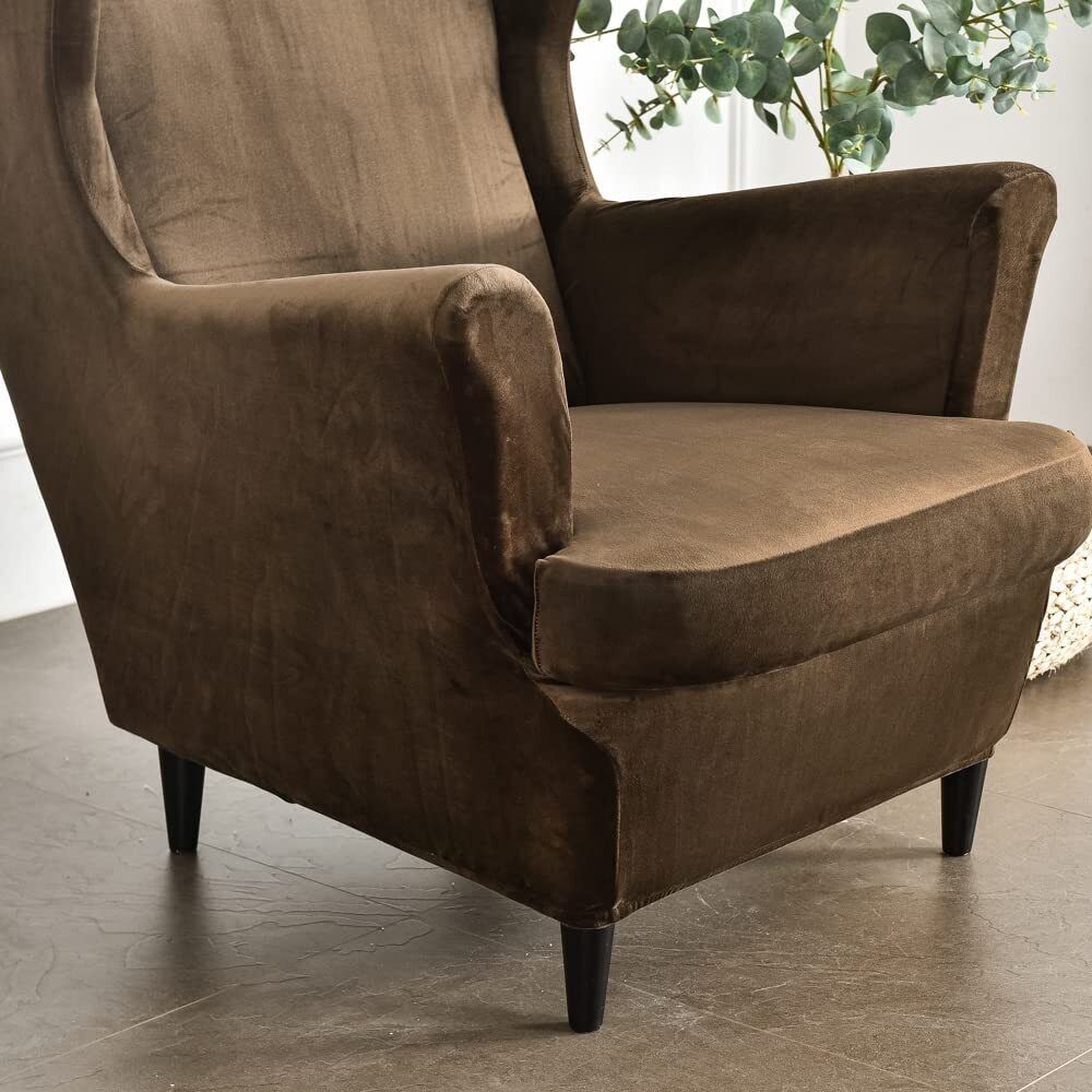 2-Piece Stretch Wingback Slipcover, Elastic Velvet Armchair Chair Cover Protector, Includes 1pcs Base Protective Cover and 1pcs Cushion Protective Cover, Coffee - image 4 of 5