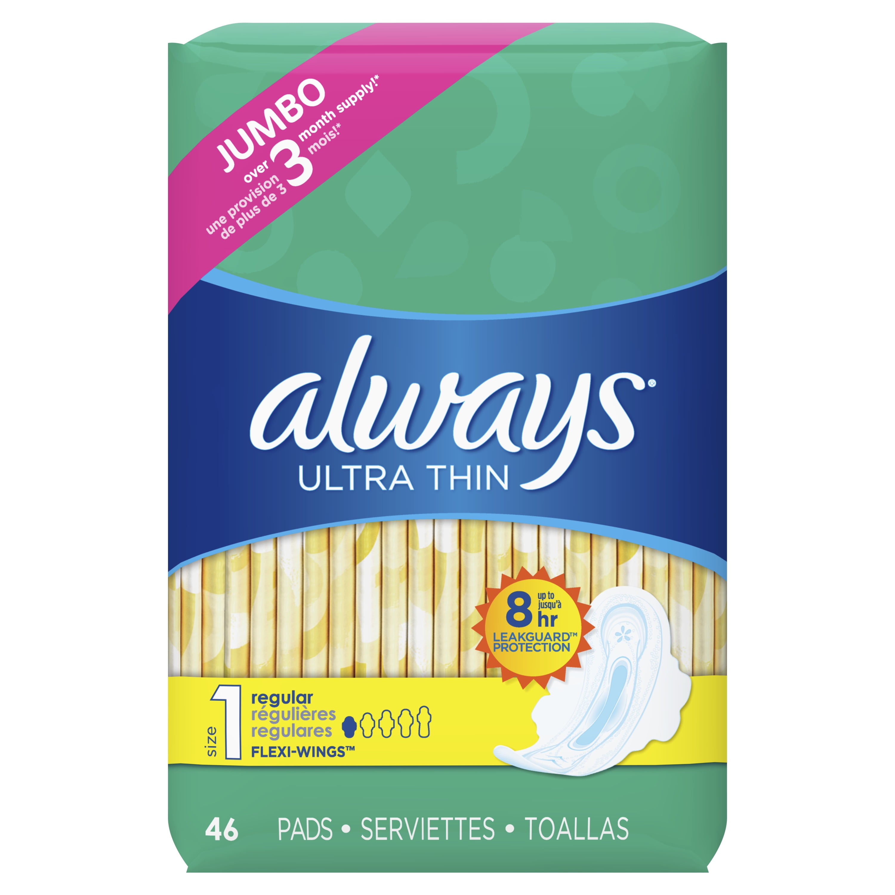 Always Ultra Thin Pads Unscented with Wings - Regular Absorbency - Size 1 - 46ct