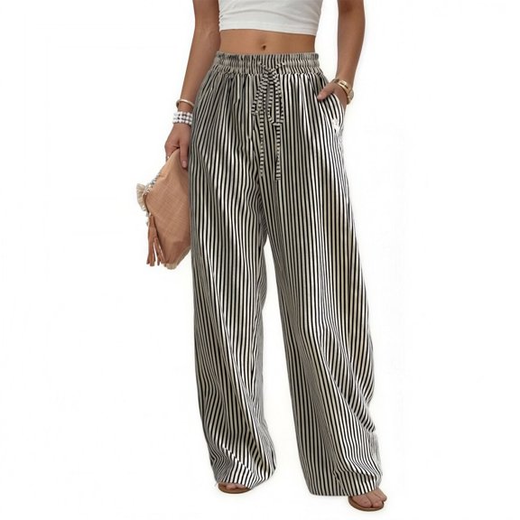 Delconic Women’s Striped High Waist Loose Fit Casual Pants with Elastic Waistband and Drawstring Relaxed Straight Leg Trousers Black L