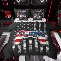 Feelyou 3D Game Console Bedding Comforter Set 7 Pieces for Boy, Vintage Camo US Flag Full Bedding Set, Camouflage Stripe Abstract Reversible Fitted Sheet Flat Sheet, Super Cozy Room Decor