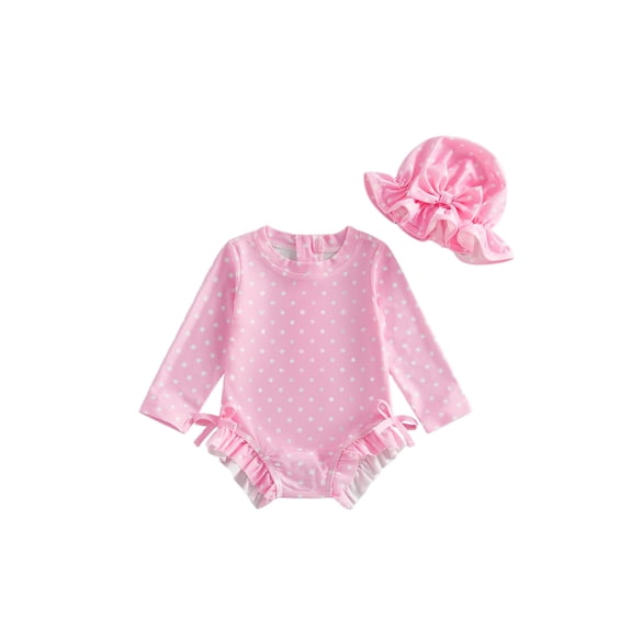 BemeyourBBs Toddler Baby Girls One Piece Swimsuit Infant Girls Bathing Suit Long Sleeve Polka Dot Zipper Swimwear Rash Guard with Hat Set UPF 50 Summer Beach Wear