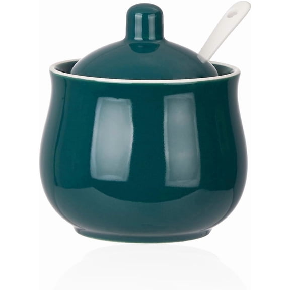 CZQ Ceramic Sugar Bowl with Lid and Spoon, Green Porcelain Sugar Salt Pepper Storage Jar, 8 Ounces