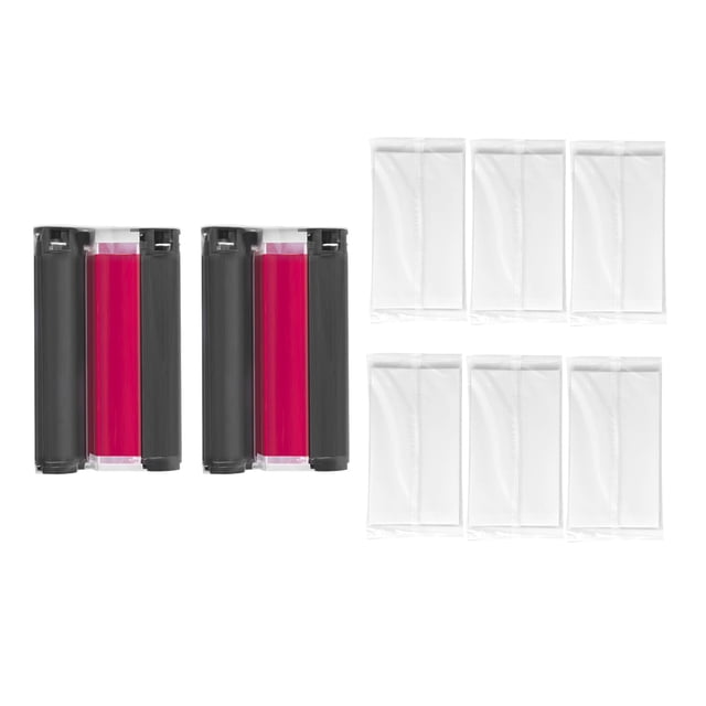 juego de suministros para impresoras fotográficas hprt, 2 cartuchos de tinta de color y 108 hojas de papel fotográfico 4x6, vista frontal de dos cartuchos con núcleo magenta a la izquierda y seis sobres de papel fotográfico sellado a la derecha; compatible con impresora HPRT CP4000L, papel 148 x 100 mm y cartuchos 13.3 x 8 x 2.4 cm, para impresión por sublimación térmica de alta definición; también apto para imprimir copias rápidas en eventos o álbumes familiares.