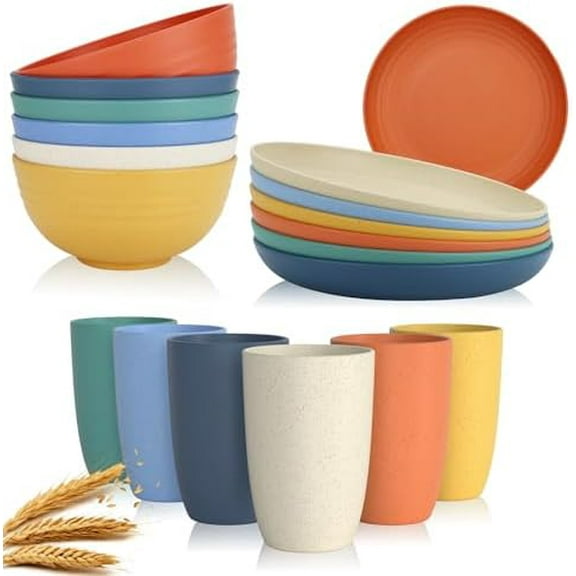 18 pcs Wheat Straw Dinnerware Set, Service for 6, Unbreakable Plastic Dish Set - Dinner Plate/Cereal Bowl/Cup, for Apartment Basics, Outdoor Camping - Multi color