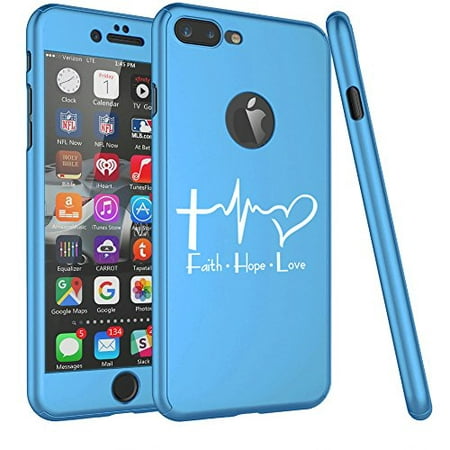 For Apple iPhone 360° Full Body Thin Slim Hard Case Cover + Tempered Glass Screen Protector Faith Hope Love EKG Christian (Light Blue For iPhone 8 Plus)