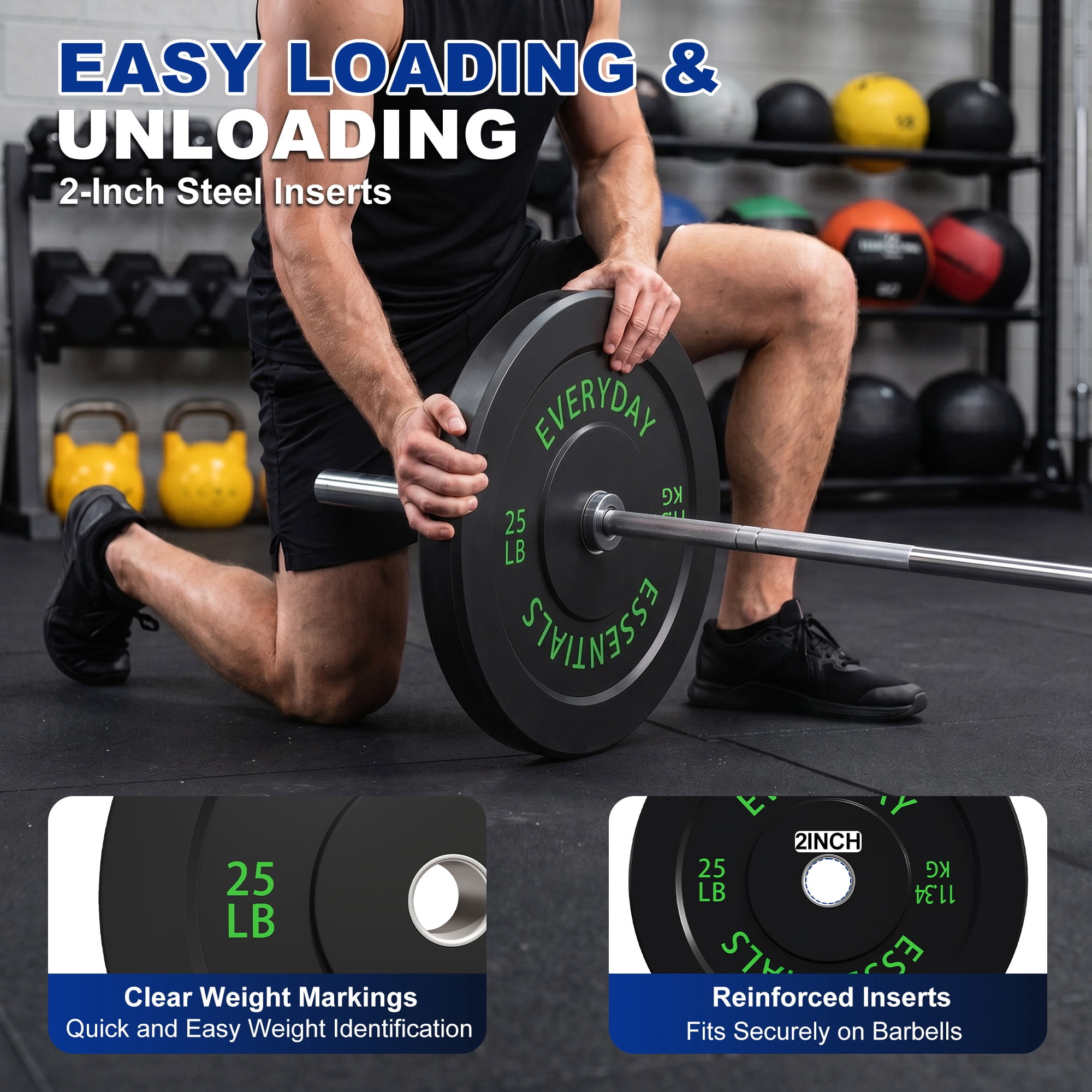 INTRTLOCKINGING TILES 160 LB Bumper Plates, 2-Inch Olympic Black Rubber Weight Set for Home Workouts, Weightlifting and Strength Training