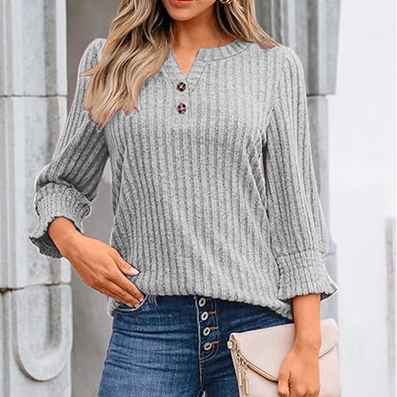 Womens Long Sleeve Blouse New Women's 3/4 Sleeve Shirts Fall Lightweight Sweaters Solid Color Dressy Casual Tunic Tops Fashion Clothes Gray XL