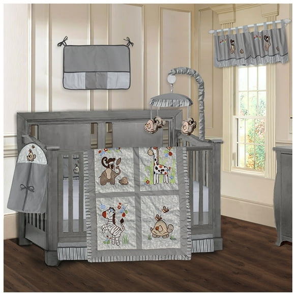 BabyFad Safari de Jungle Ensemble de Literie de Bassinette pour Bébé 9 Pcs avec Mobile Musical – Neutre selon le Genre, Gris et Blanc, 100 % Coton – Garçons Ou Filles