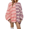 thumbnail image 1 of ORUYROP Chandail Rayé pour Femmes Col Rond Manches Longues Tricoté Bloc de Couleur Décontracté Ample Léger pour Femmes, 1-Rose, TTG, 1 of 6