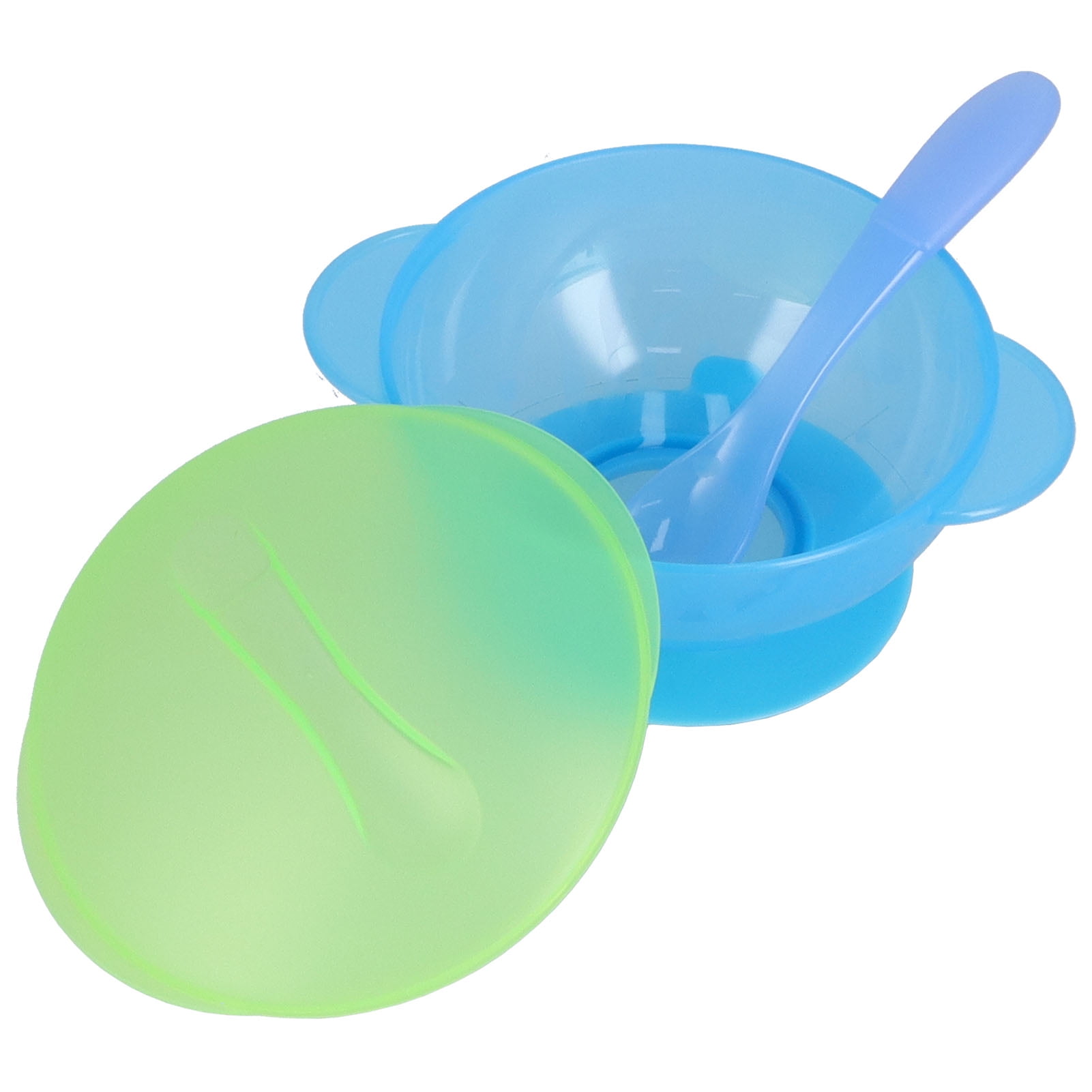 Ergonomic Baby Feeding Set Non-Slip Suction Bowl with Airtight Lid and Soft Tip Self Feeding Spoon Combo, 5.9 x 2.0 inches / 15 x 5 cm, Machine Washable Infant Tableware Essential, Blue