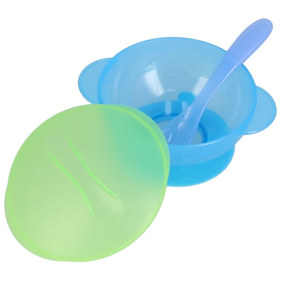 Ergonomic Baby Feeding Set Non-Slip Suction Bowl with Airtight Lid and Soft Tip Self Feeding Spoon Combo, 5.9 x 2.0 inches / 15 x 5 cm, Machine Washable Infant Tableware Essential, Blue