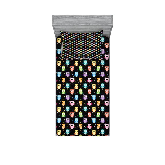 Ambesonne Owls Fitted Sheet & Pillow Sham Set, Funny Confused Serious, Twin, Black Multicolor