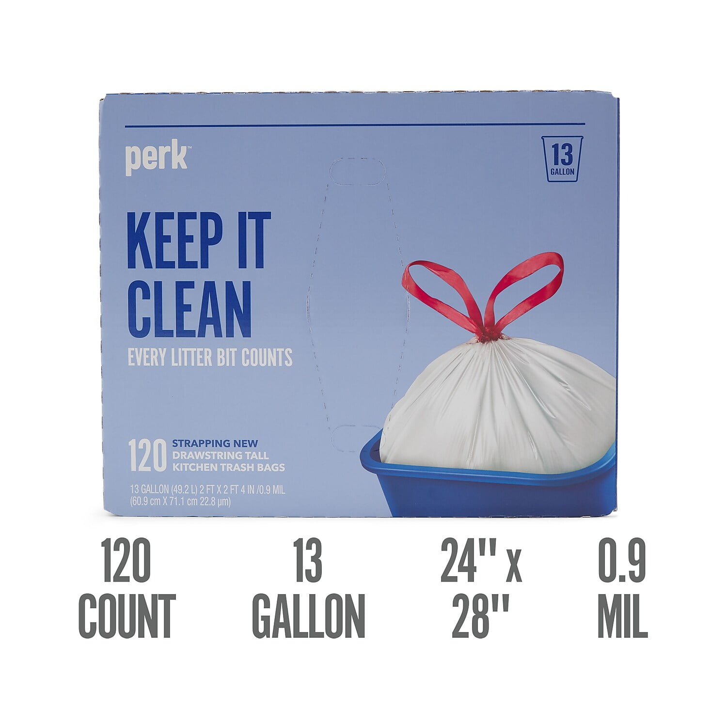 Perk™ Drawstring Tall Kitchen Trash Bags, 13 gal, 28" x 24", White, 120/Box