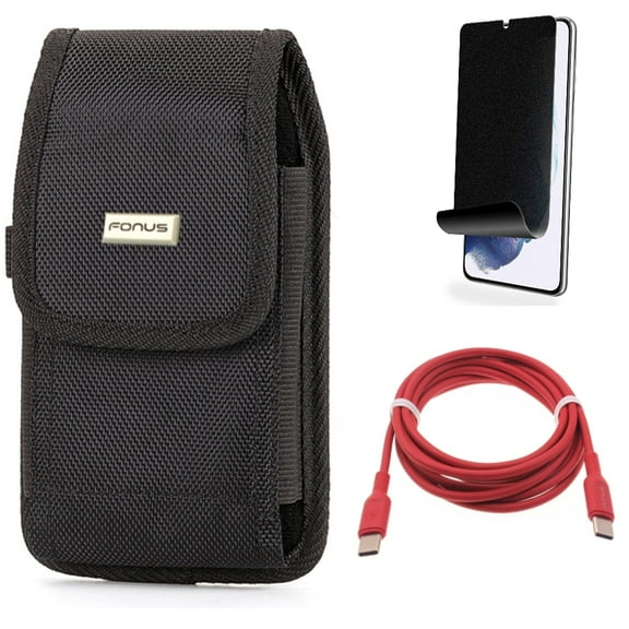 For Samsung Galaxy S21 (6.2") - PD Fast Charger USB-C to Type-C Red 6ft Long Cable   [Fingerprint Works] TPU Film Privacy Screen Protector   Holster Rugged Case Belt Clip