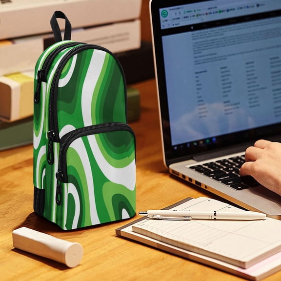 Backpack Pencil Case, 3 Compartment Large Capacity Oxford Fabric Pencil Pouch / Deep Green Thick Lines