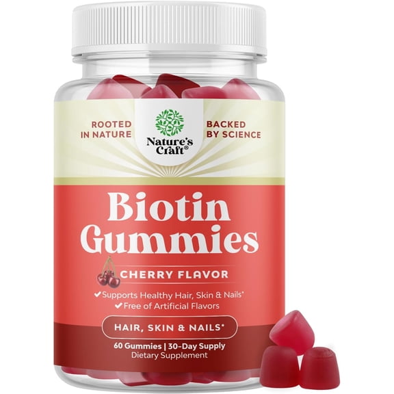 Natures Craft Natural Biotin Supplement for Hair, Skin, and Nails, Cherry Flavor, 60 Gummies