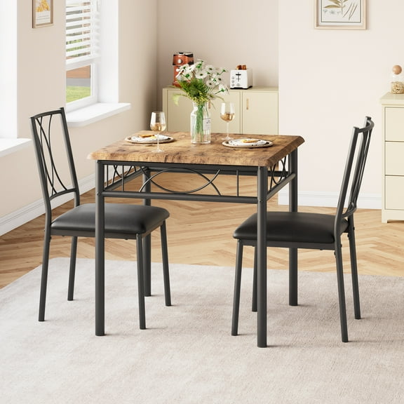 Kicctian Small Space 3-Piece Dining Table Set for 2, Square Kitchen Table with Metal Frame and Wood Top, Upholstered Chairs, Compact Dining Room Furniture for Apartment,Brown
